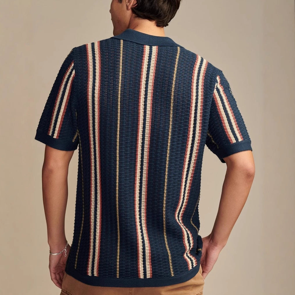 Herren Sommer Gestreifter Strick-Polo-Cardigan Mit Kurzen Ärmeln Im Britischen Stil