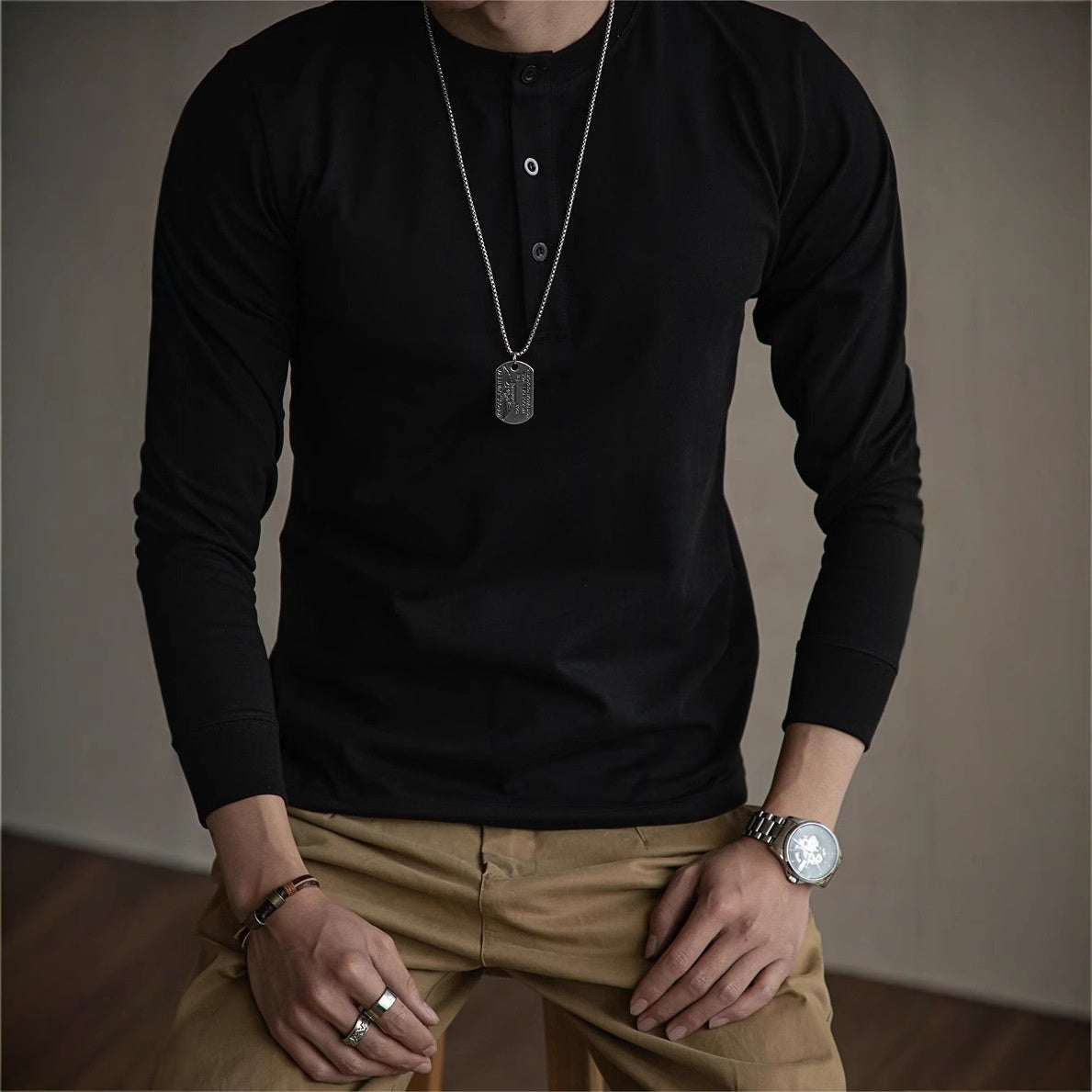 Herren Langarm Henley Shirt – Schweres Material Normale Passform