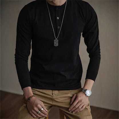 Herren Langarm Henley Shirt – Schweres Material Normale Passform