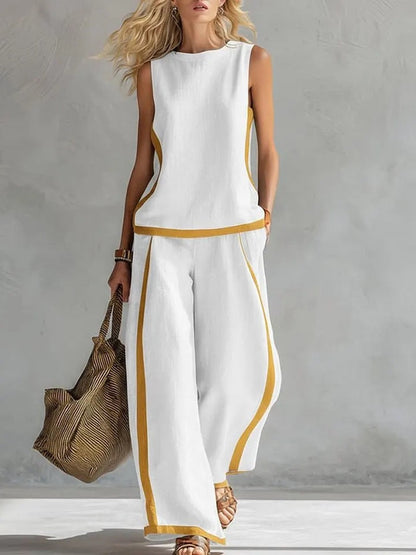 Ärmelloses Damen-Top Mit Rundhalsausschnitt Und Hochgeschnittener, Weit Geschnittener Hose – Farbblock-Design