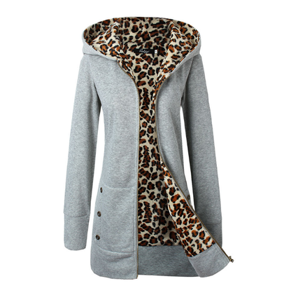 Damen Winterjacke mit Kapuze, Leopardenmuster, Reißverschluss und dicker Fütterung