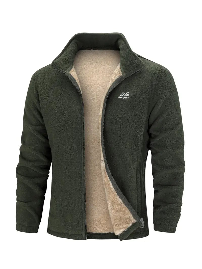 Dunkelgrüne Herren-Fleecejacke mit beigem Innenfutter, Reißverschluss und Stehkragen. Ideal für Outdoor-Aktivitäten und kaltes Wetter.