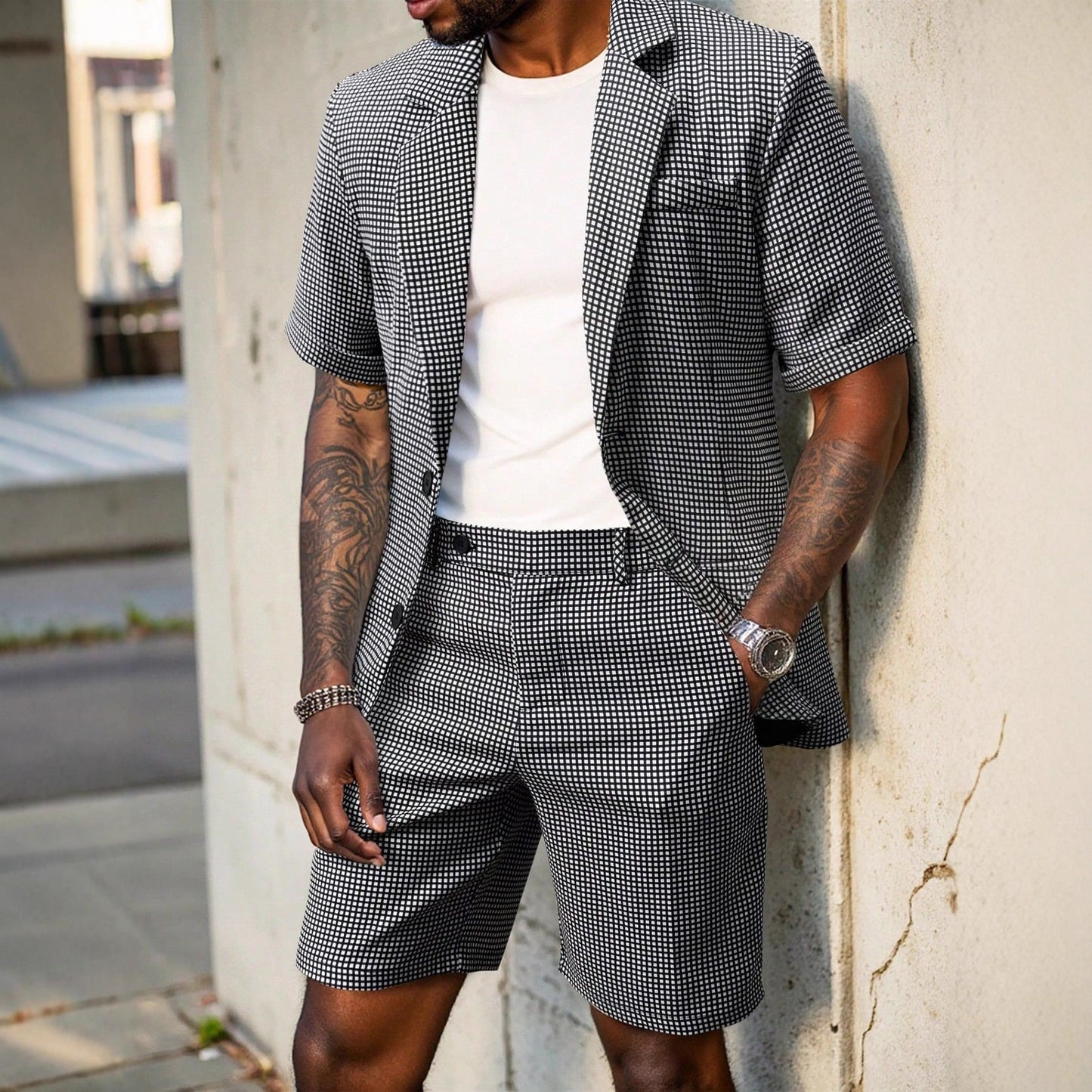 Men's Slim Fit Checked Business Casual Suit, Two-Piece, Made of Black Woven Fabric