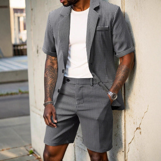 Herren Slim Fit Karierter Business-Casual-Anzug, Zweiteilig, Aus Schwarzem Webstoff