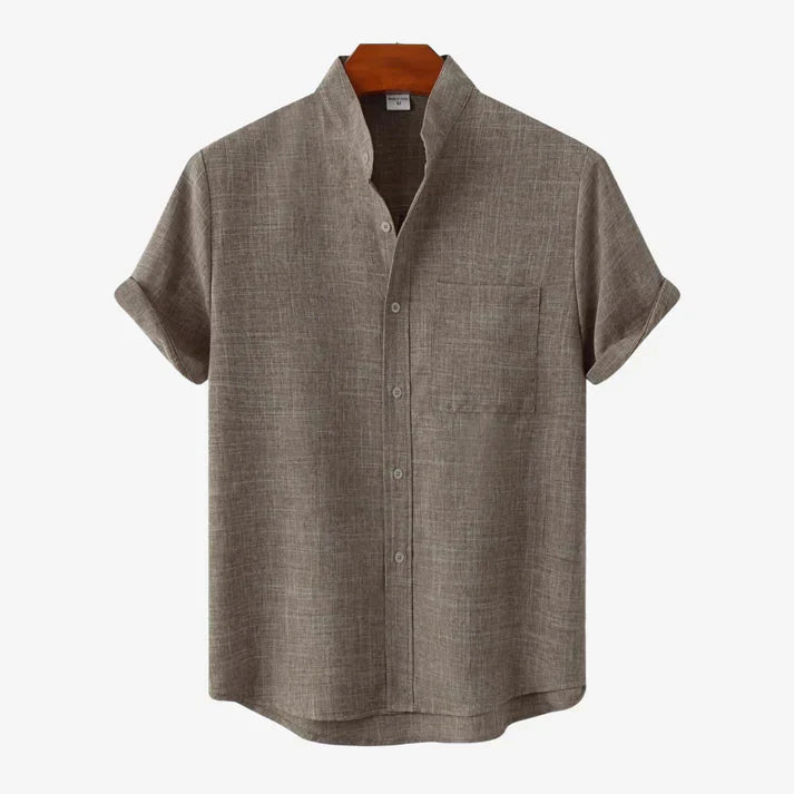 Men's summer shirt made of linen blend, short-sleeved, collarless, button placket