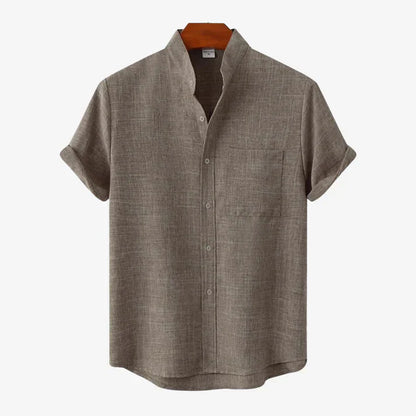 Men's summer shirt made of linen blend, short-sleeved, collarless, button placket