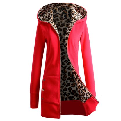 Damen Winterjacke mit Kapuze, Leopardenmuster, Reißverschluss und dicker Fütterung