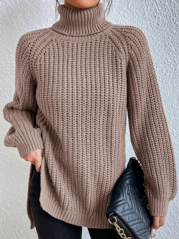 Women's Turtleneck Sweater with Raglan Sleeves and Slit Hem – Cotton Blend
