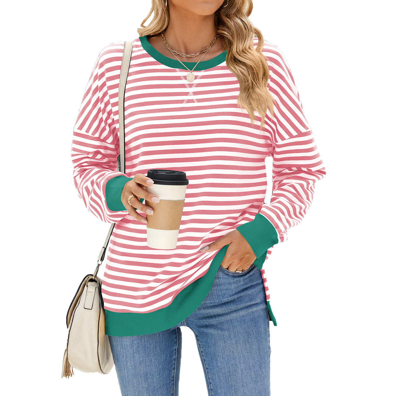 Damen Langarm Pullover Mit Rundhalsausschnitt, Gestreiftem Color-Block Und Seitlichem Schlitz