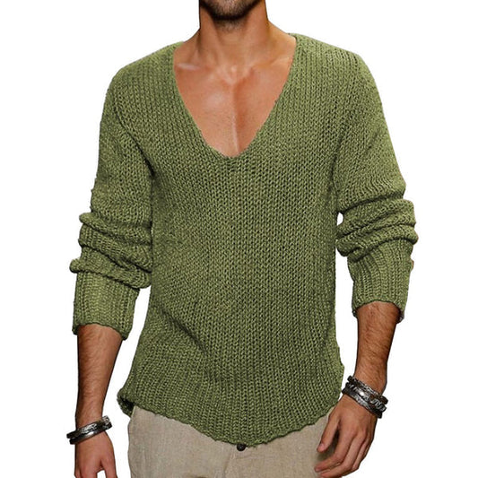 Grüner Herrenpullover mit V-Ausschnitt, grob gestrickt, langärmlig. Modischer Strickpullover für Herbst und Winter.