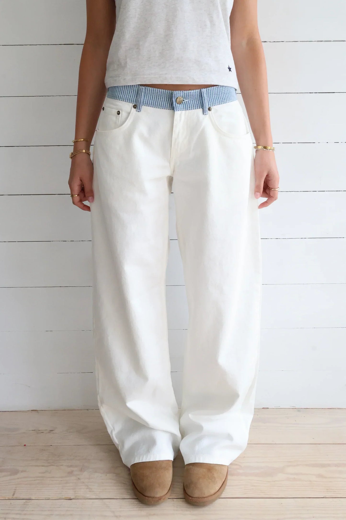 Damen-Jeans Mit Lockerer Passform, Mittelhoher Bund, Gestreifter Bund