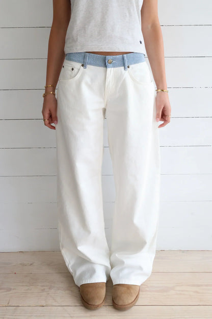 Damen-Jeans Mit Lockerer Passform, Mittelhoher Bund, Gestreifter Bund