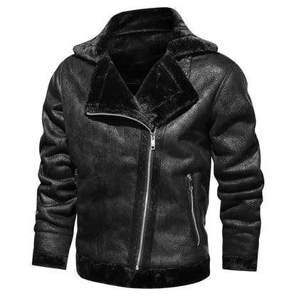 Schwarze Herren-Lederjacke mit Reißverschluss, stilvoll und modern, ideal für Herbst- und Wintermode. Hochwertige Bikerjacke aus Kunstleder.