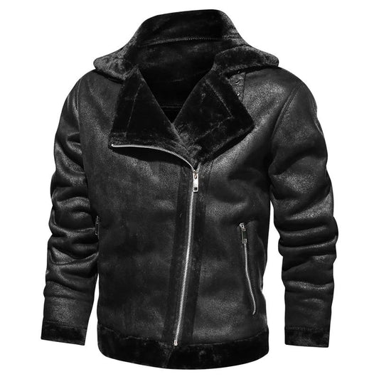 Schwarze Herren-Lederjacke mit Reißverschluss, stilvoll und modern, ideal für Herbst- und Wintermode. Hochwertige Bikerjacke aus Kunstleder.