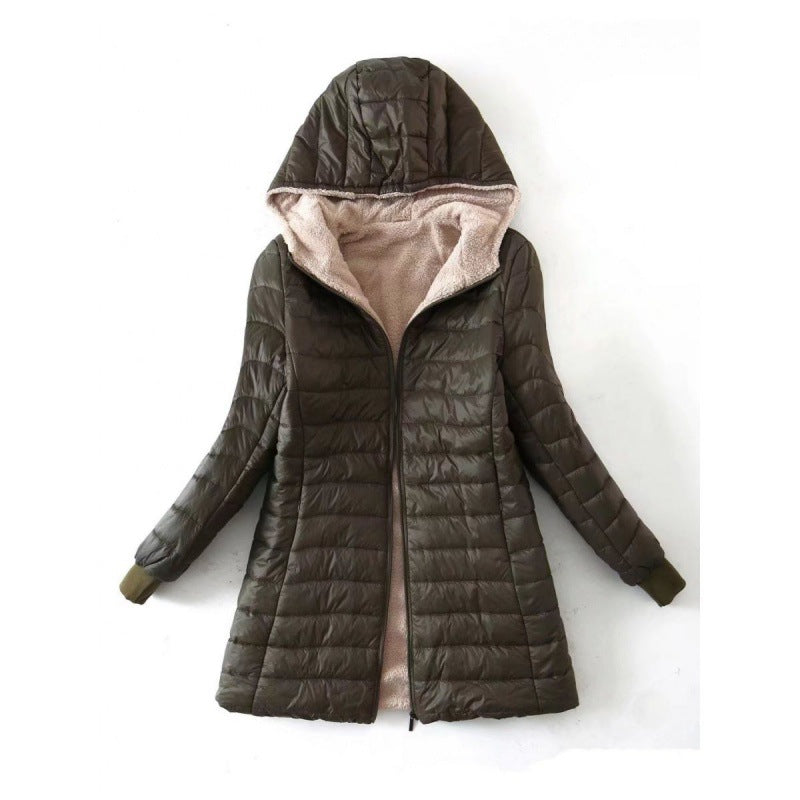 Women's winter jacket with hood and fleece lining – mid-length and fitted