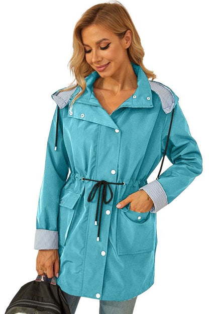 Women's Rain Jacket Spring Hooded Striped Water-Repellent