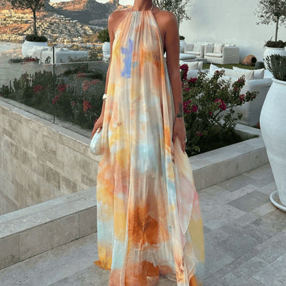 Women's Summer Maxi Dress with Print, Halter Neck, Sleeveless, Backless, Loose Fit