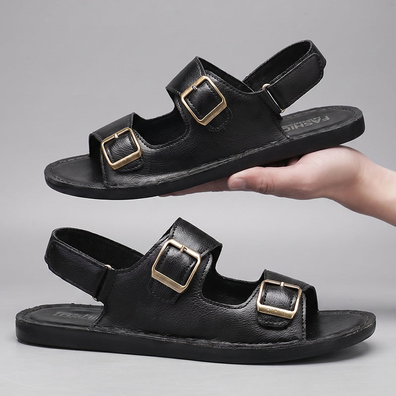 Herren Ledersandalen mit Doppelriemen – Verstellbarer Klettverschluss