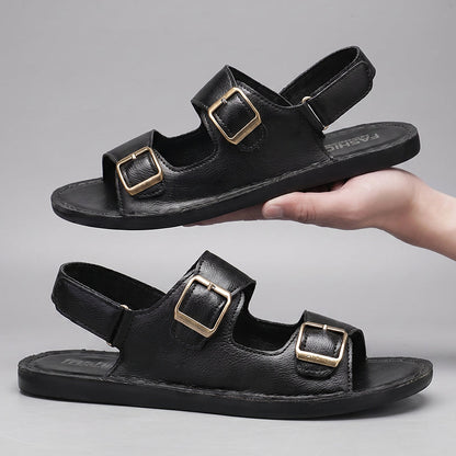 Herren Ledersandalen mit Doppelriemen – Verstellbarer Klettverschluss