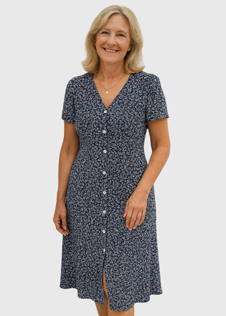 Damen Sommerkleid mit V-Ausschnitt Knopfleiste und kurzen Ärmeln