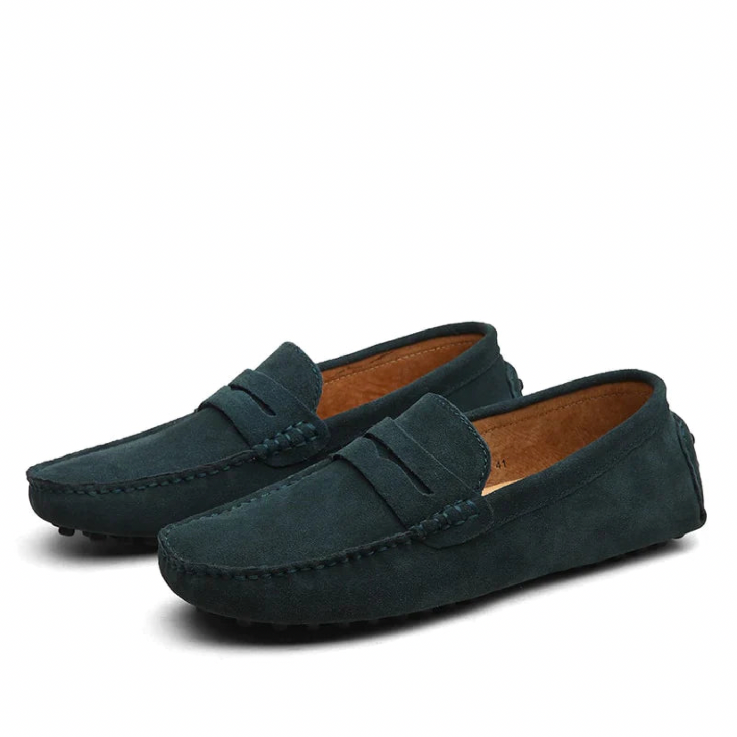 Dunkelgrüne Herren-Mokassins aus Wildleder, klassisches Design, rutschfeste Sohle, ideal für Freizeit und Business, stilvolle Herrenschuhe.