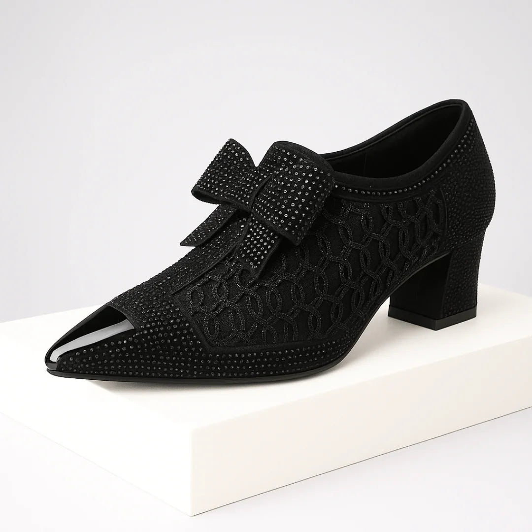 Women's pumps with rhinestone bow, pointed toes, and 6-cm block heel