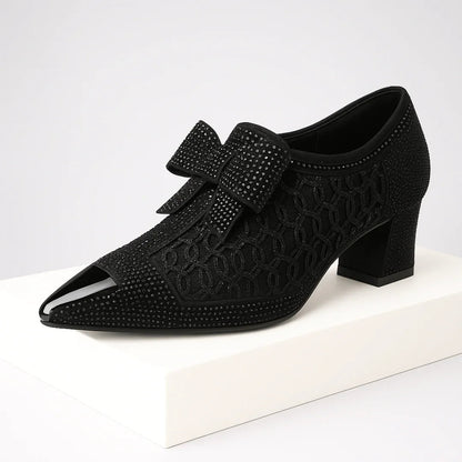 Women's pumps with rhinestone bow, pointed toes, and 6-cm block heel