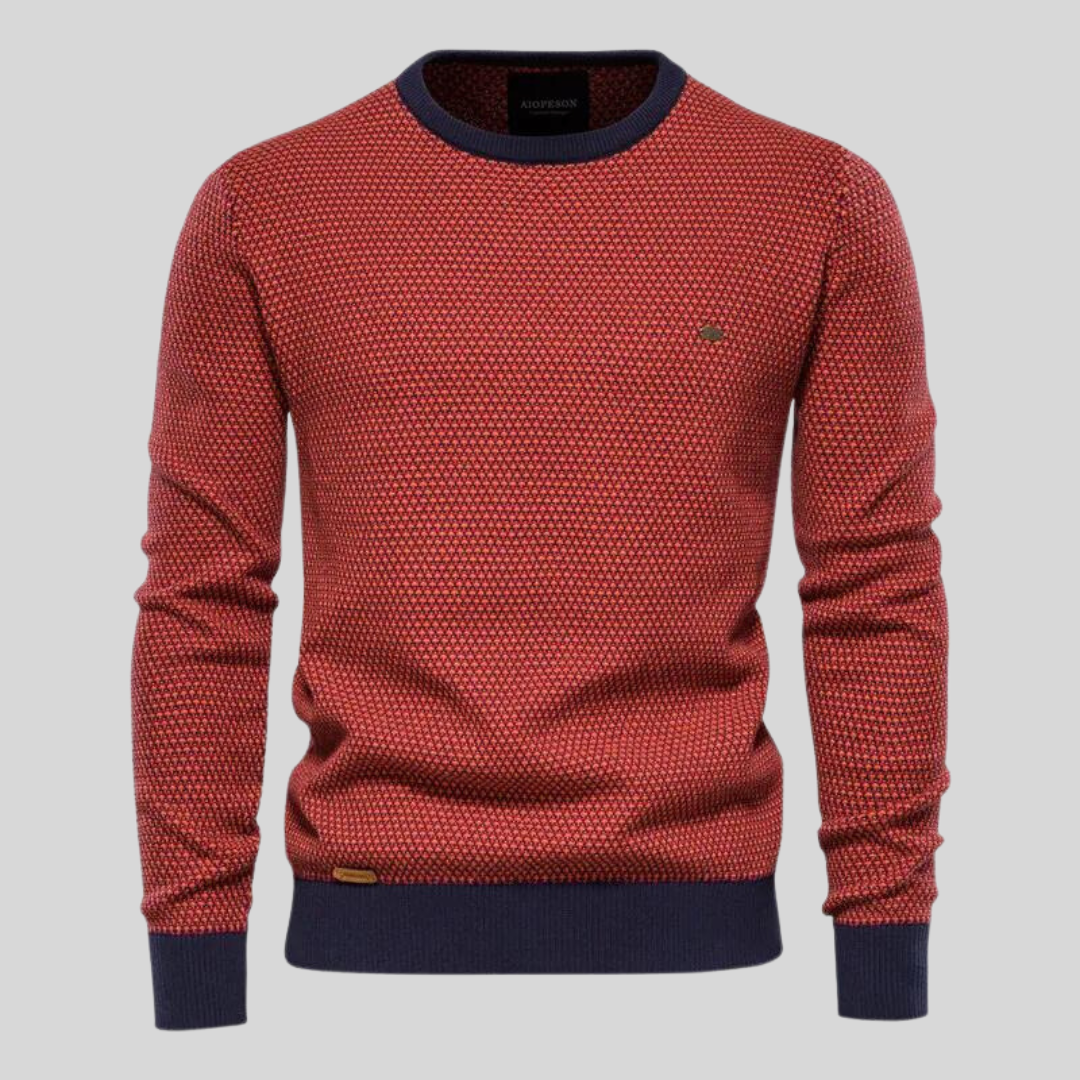 Roter Strickpullover für Herren, Rundhalsausschnitt, gerippte Bündchen, modisches Design, ideal für Herbst- und Wintermode, bequem und stilvoll.