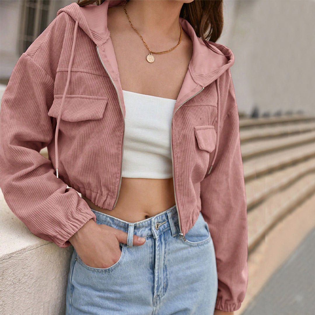 Damen-Cordjacke in Cropped-Form mit Kapuze und Frontreißverschluss