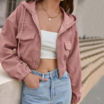 Damen-Cordjacke in Cropped-Form mit Kapuze und Frontreißverschluss