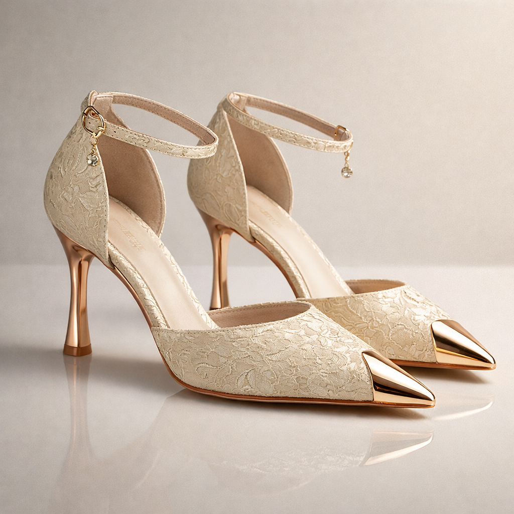 Women's pumps with pointed toe, metal toe cap, and stiletto heel