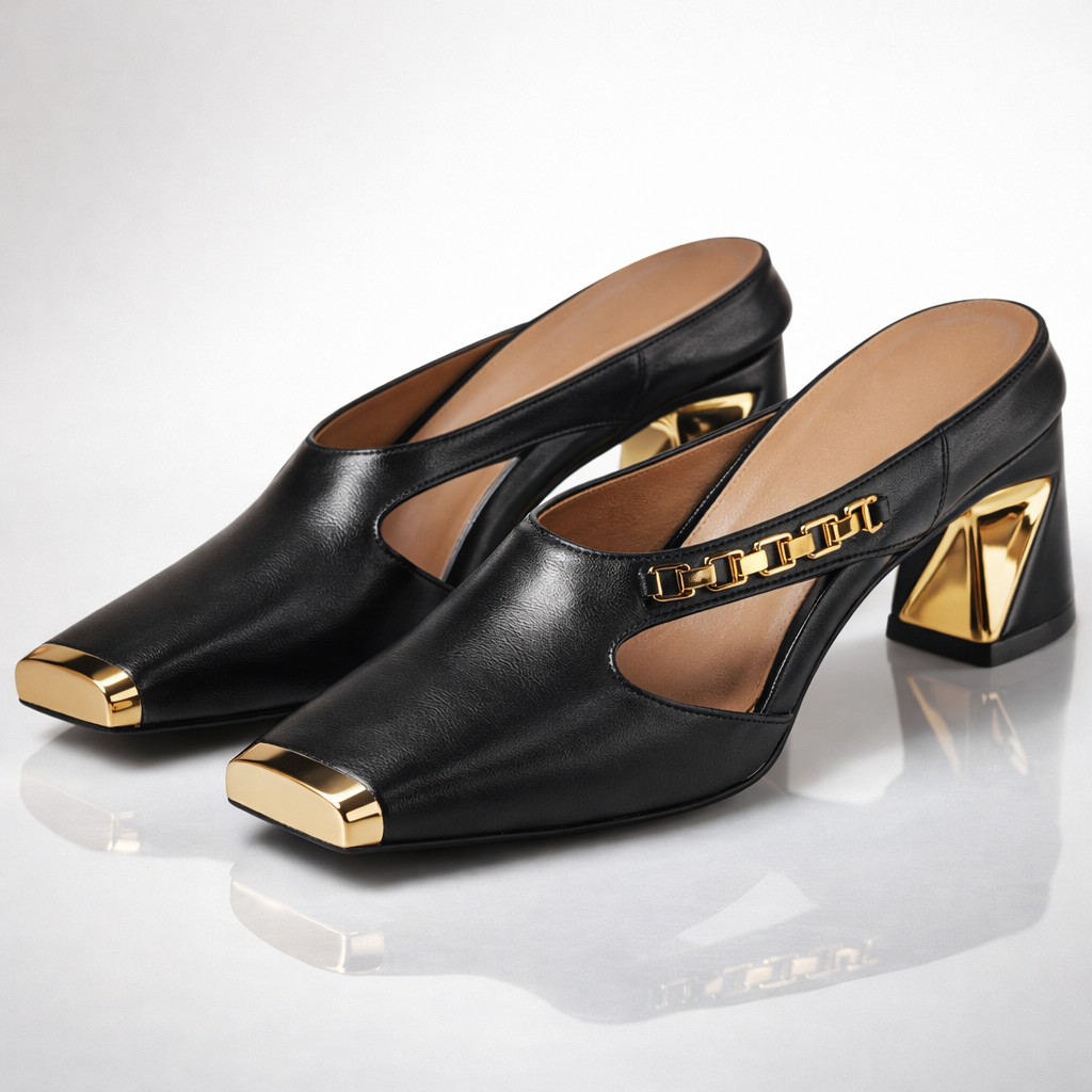 Damen-Mule-Heels mit eckiger Kappe, polierter Metallspitze und Blockabsatz