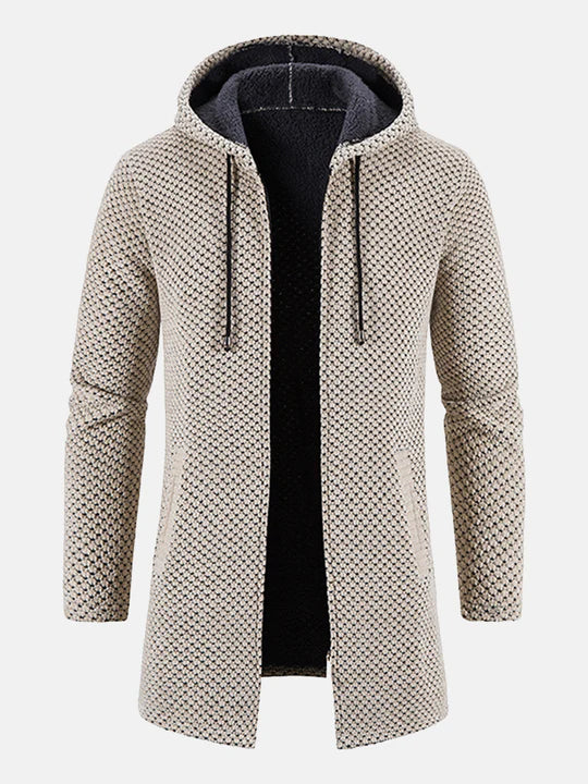Beige Herrenmantel mit Kapuze, gestricktes Muster, Reißverschluss, Taschen, modisch, warm, ideal für Herbst und Winter.