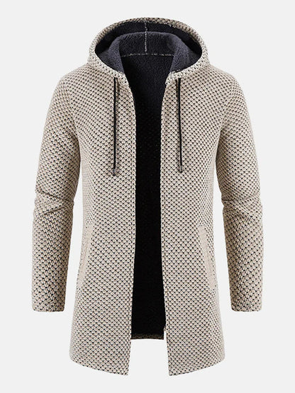 Beige Herrenmantel mit Kapuze, gestricktes Muster, Reißverschluss, Taschen, modisch, warm, ideal für Herbst und Winter.