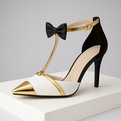 Women's high heels with pointed toe, T-strap, and golden accents