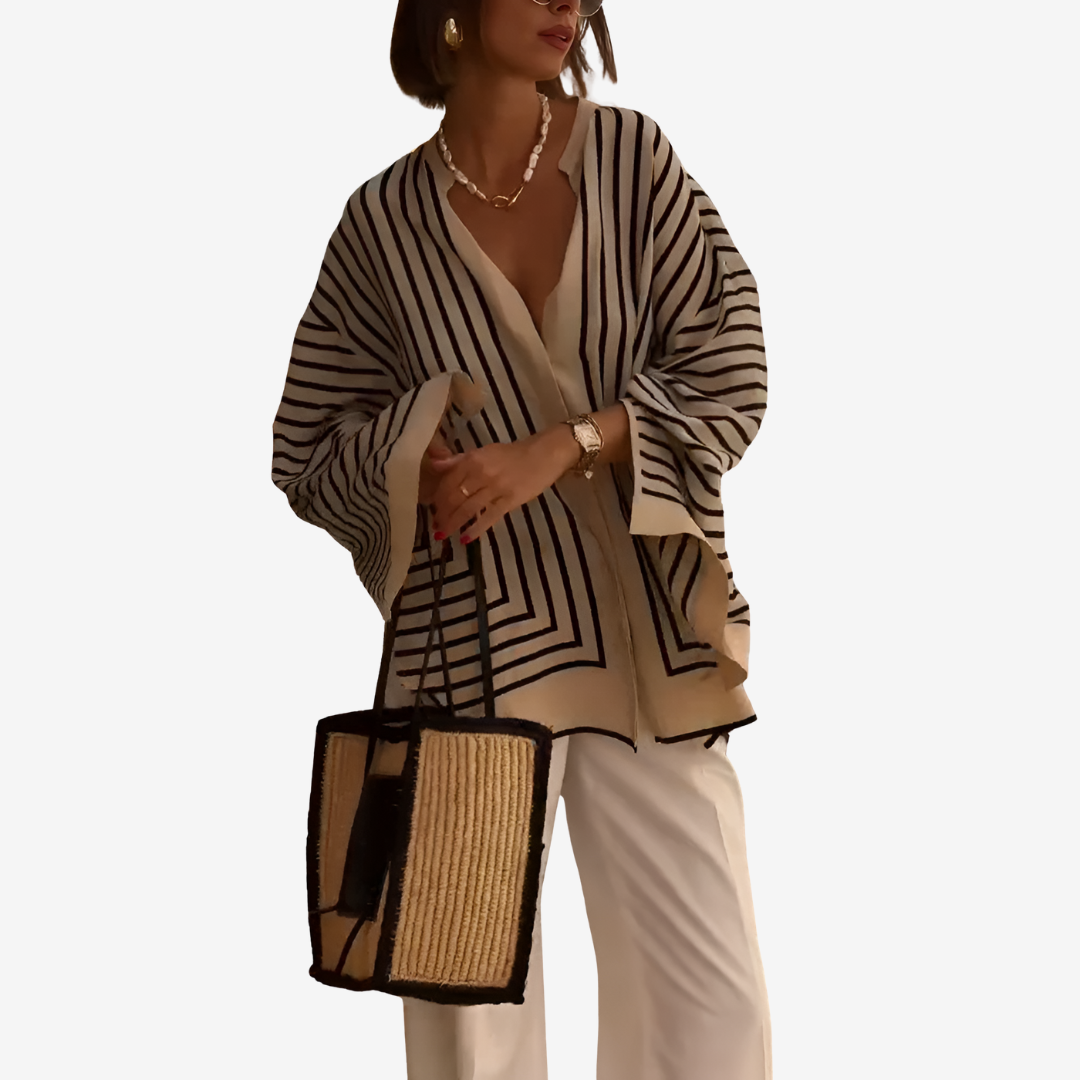 Damenbluse mit Streifenmuster, V-Ausschnitt und Oversize-Schnitt – Moderner Stil