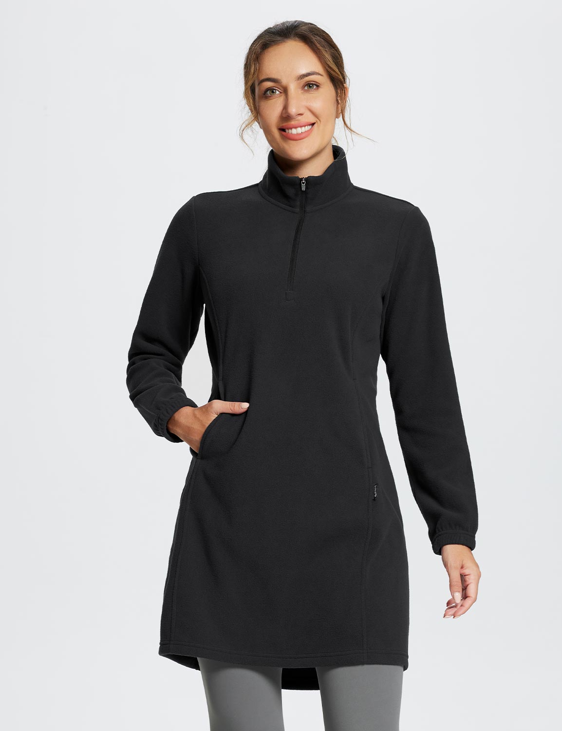 Women's Winter Tunic Dress with Quarter Zipper, High Collar, and Kangaroo Pocket