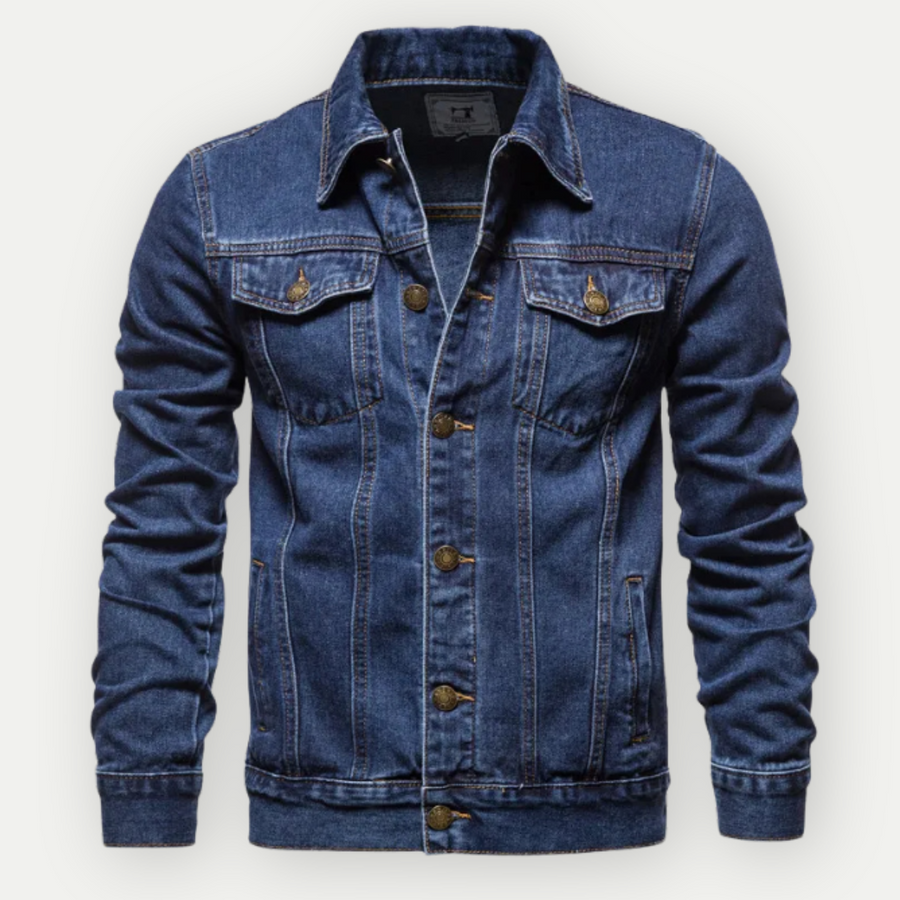 Blaue Jeansjacke für Herren, klassisches Design mit Knopfleiste und Brusttaschen, modische Freizeitkleidung, ideal für den lässigen Look.