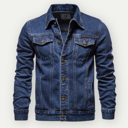 Blaue Jeansjacke für Herren, klassisches Design mit Knopfleiste und Brusttaschen, modische Freizeitkleidung, ideal für den lässigen Look.