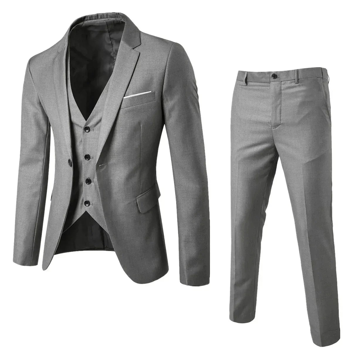 Grauer Herrenanzug mit Weste und Hose, elegantes Design, ideal für formelle Anlässe. Hochwertiger Stoff, klassischer Schnitt, modischer Business-Look.