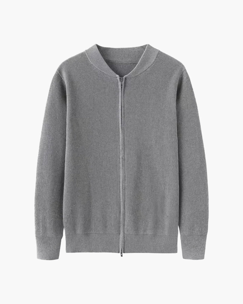 Graue Strickjacke mit Reißverschluss, geripptem Design und Rundhalsausschnitt. Modische Herrenbekleidung, ideal für Herbst und Winter.