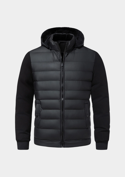 Schwarze Herren-Steppjacke mit Kapuze, Reißverschluss und gerippten Ärmeln. Stilvolle Winterjacke, warm und modern. Ideal für kalte Tage.