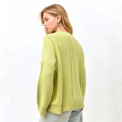 Women's Oversized Knit Sweater with Openwork Pattern, Crew Neck, Long Sleeves
