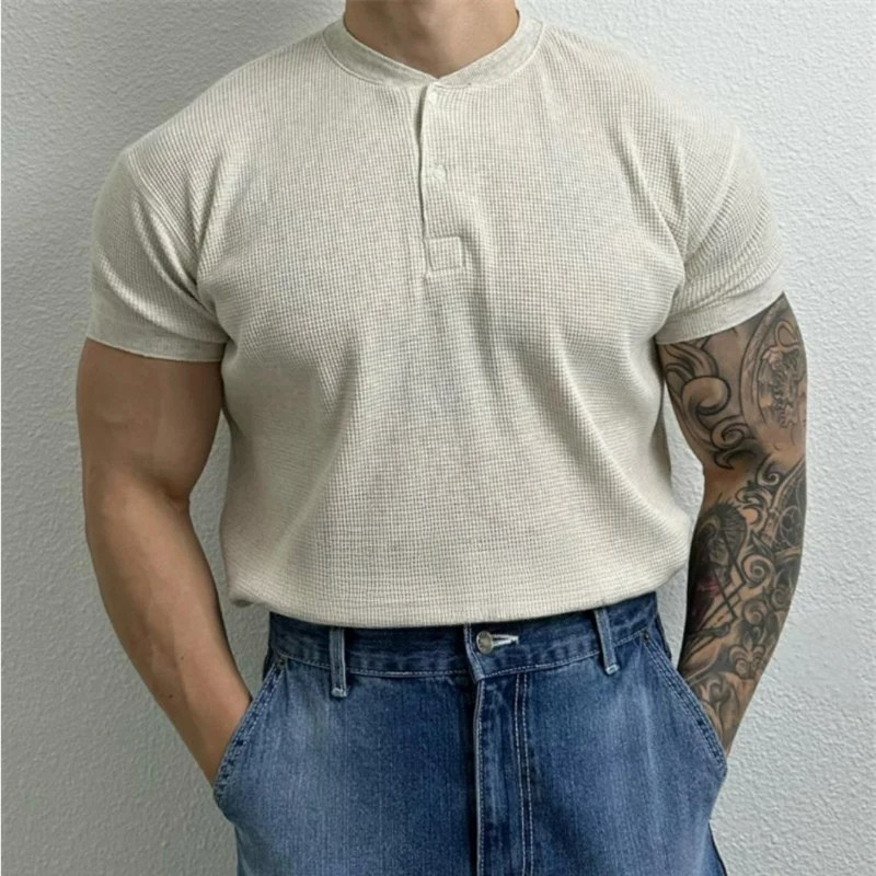 Herren Waffel Henley Shirt mit Stehkragen – Taillierte Passform