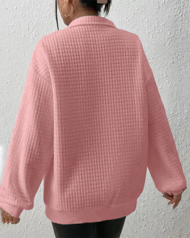 Rosa Damenpullover mit Waffelstruktur, lässiger Stil, Langarm, ideal für Herbstmode, bequem und stilvoll, Rückansicht.