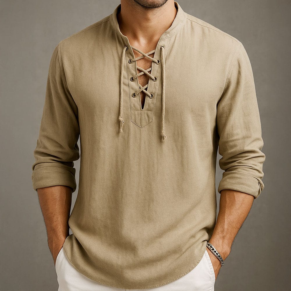 Men's Summer Lace-Up Shirt, Lightweight Breathable Material, Short Sleeves