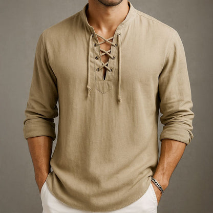 Men's Summer Lace-Up Shirt, Lightweight Breathable Material, Short Sleeves