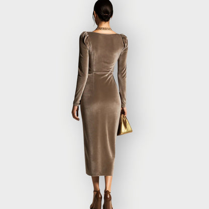Women's Midi Dress Draped with Ruching Long Sleeve