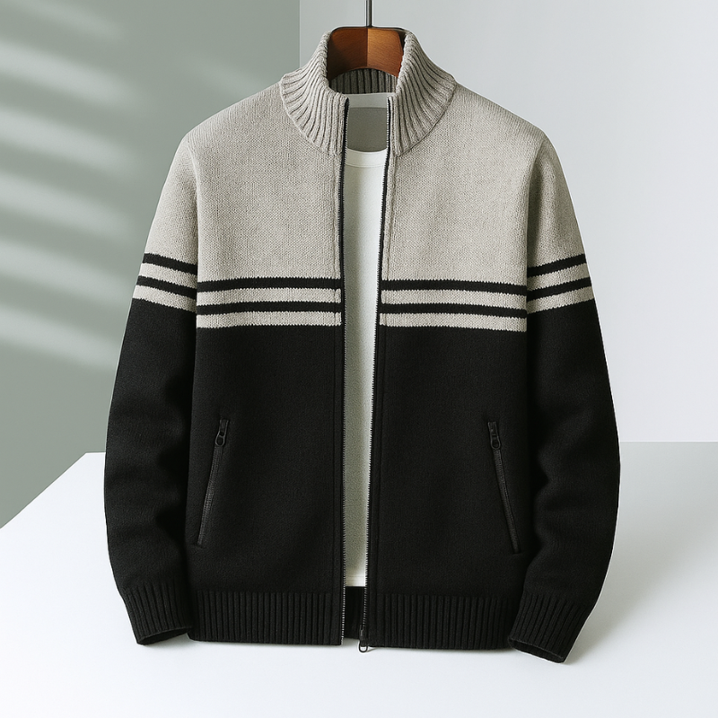 Men's Cotton Cardigan with Zipper Ribbed Hem