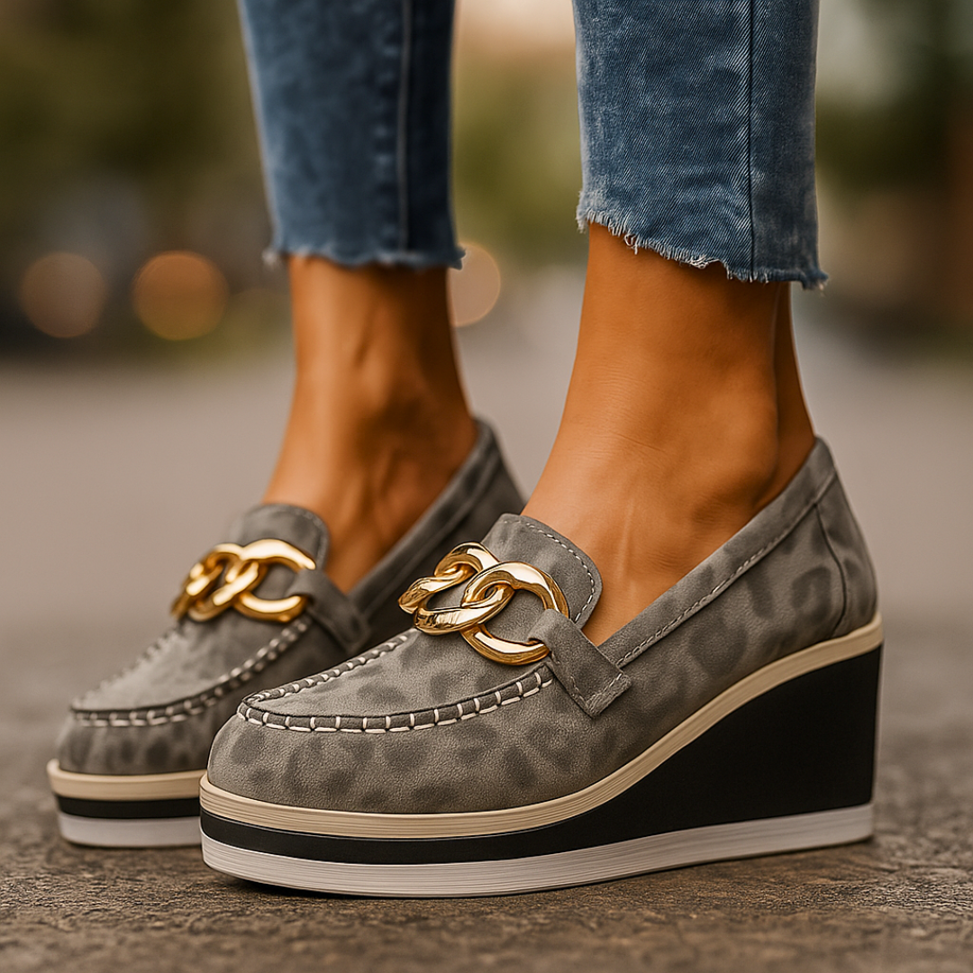 Women's Loafers Wedge Heel Orthopedic Padded Tone-on-Tone Leopard with Gold Details